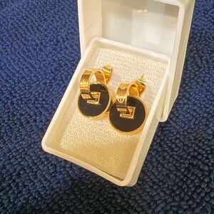 Fendi Gold and Black Enamel Logo Drop Earrings